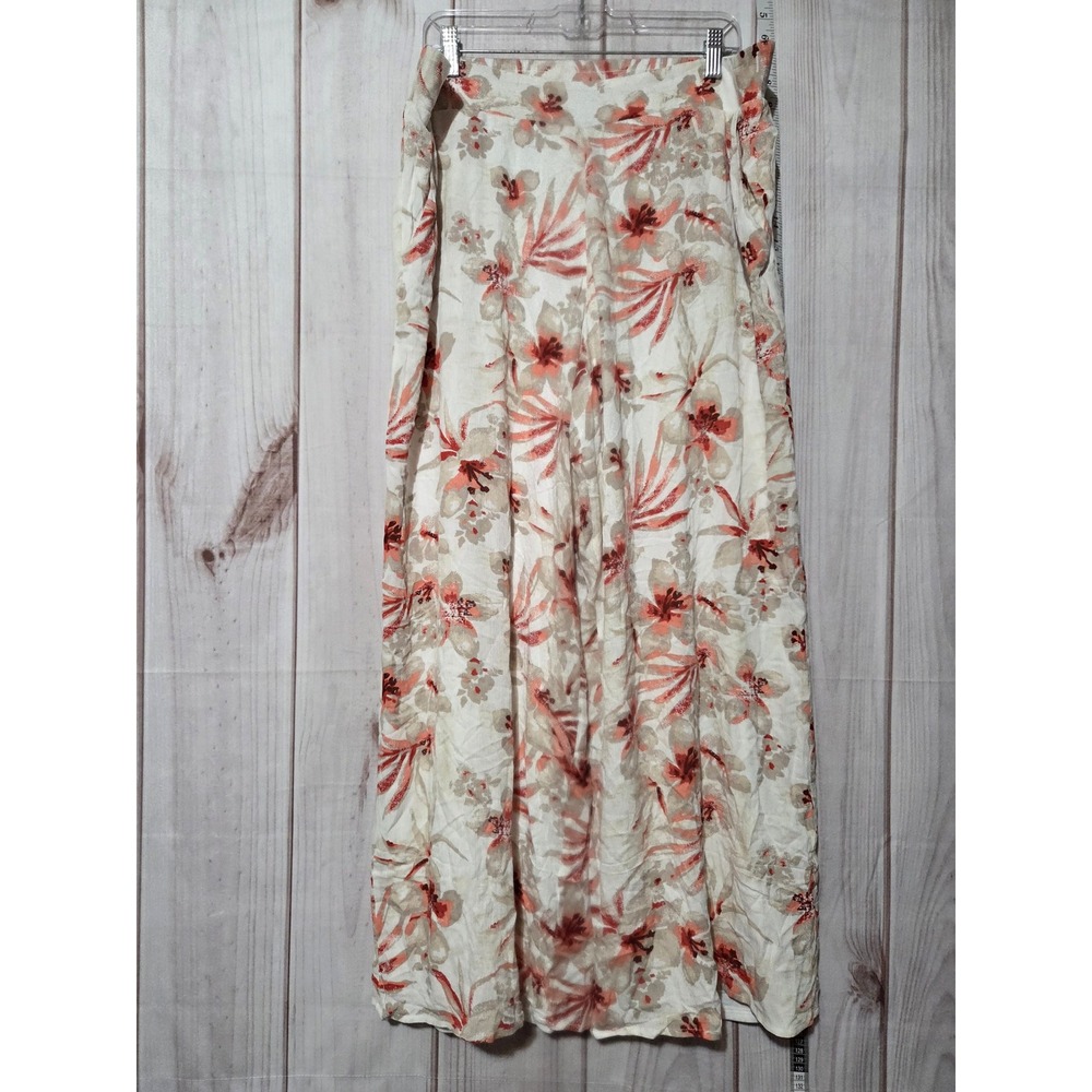 AB Studio Womens XL Tropical Floral Wide Leg Pants Coral Cream Rayon Lined